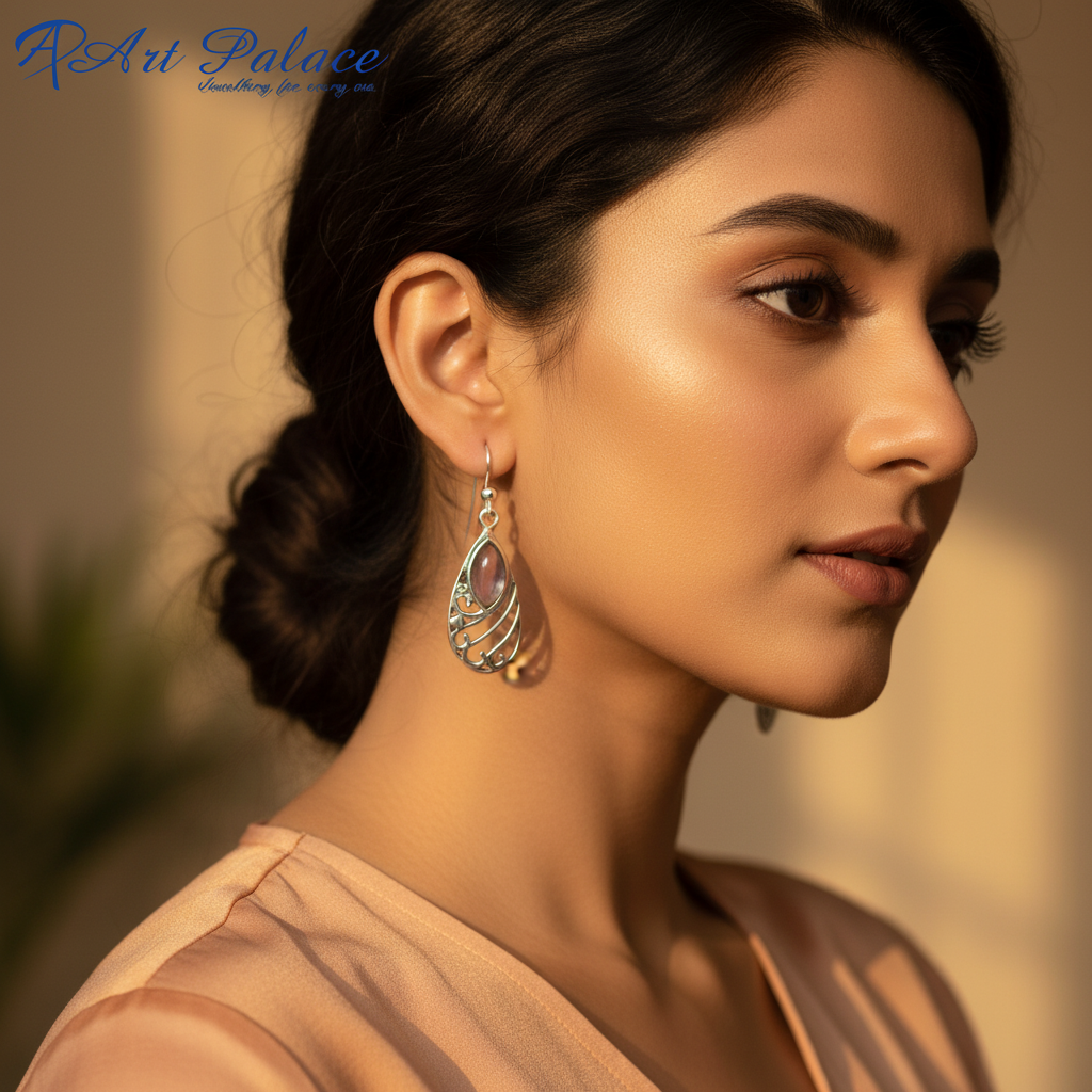 925纯银水滴形宝石耳环（女士款）| 垂坠耳环