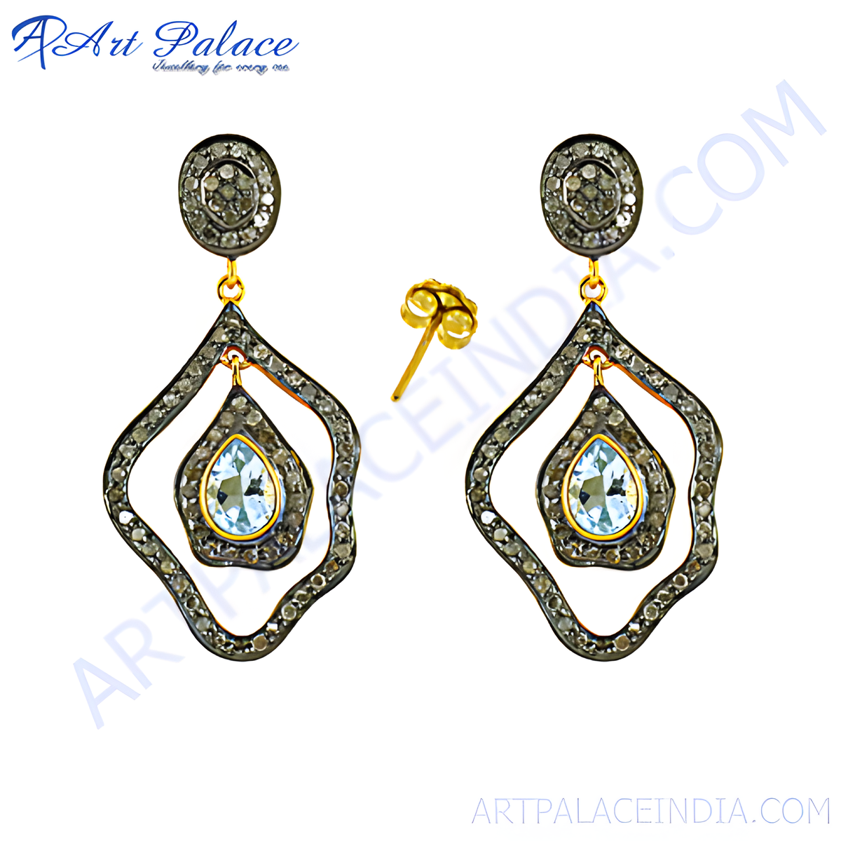 Elegant drop earrings featuring aquamarine gemstones and diamond accents, set in a gold and dark metal frame, perfect for special occasions