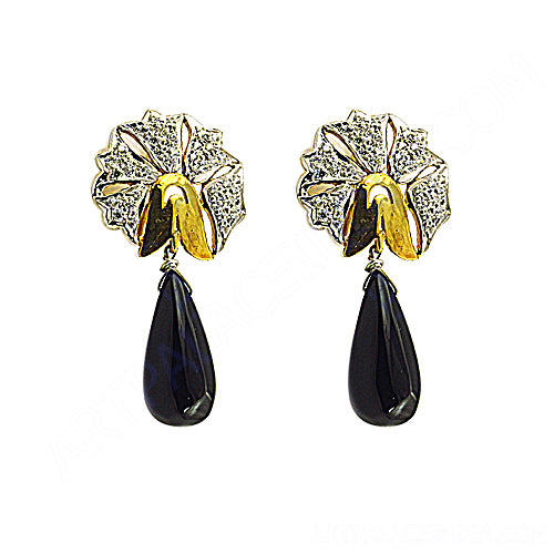 gold plating & Diamond Floral Drop Earrings | Black Onyx Gemstone Jewelry