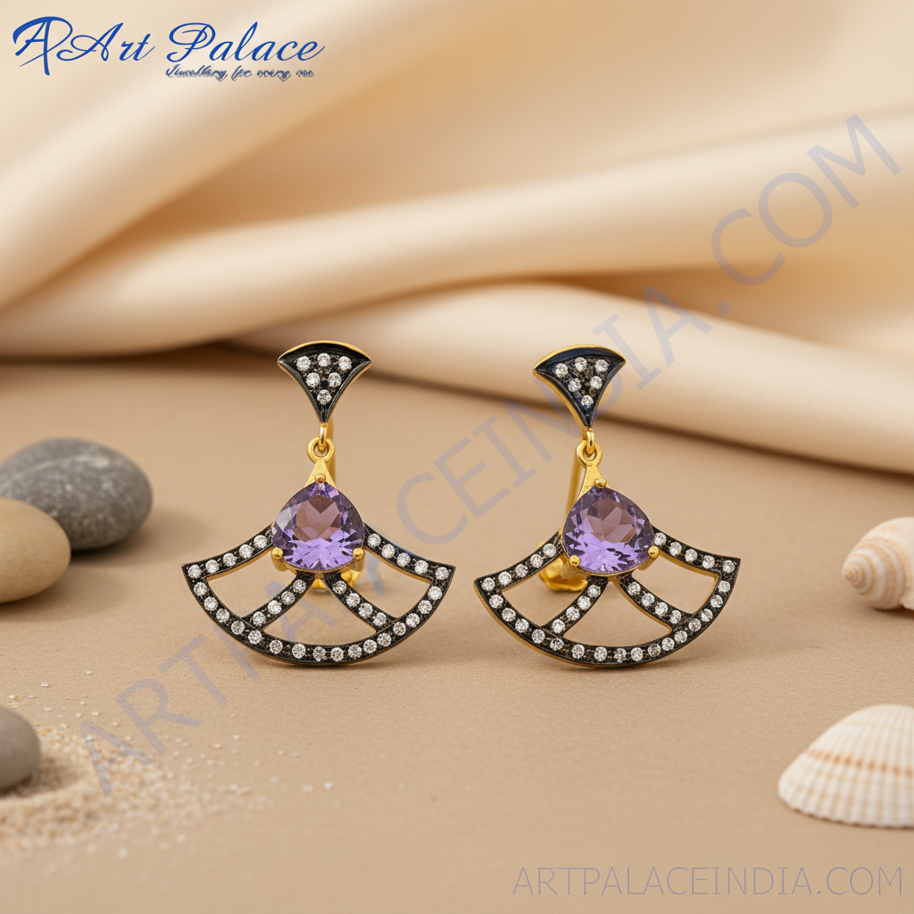 Gold plating & amethyst fan earrings | gemstone dangle earrings for women