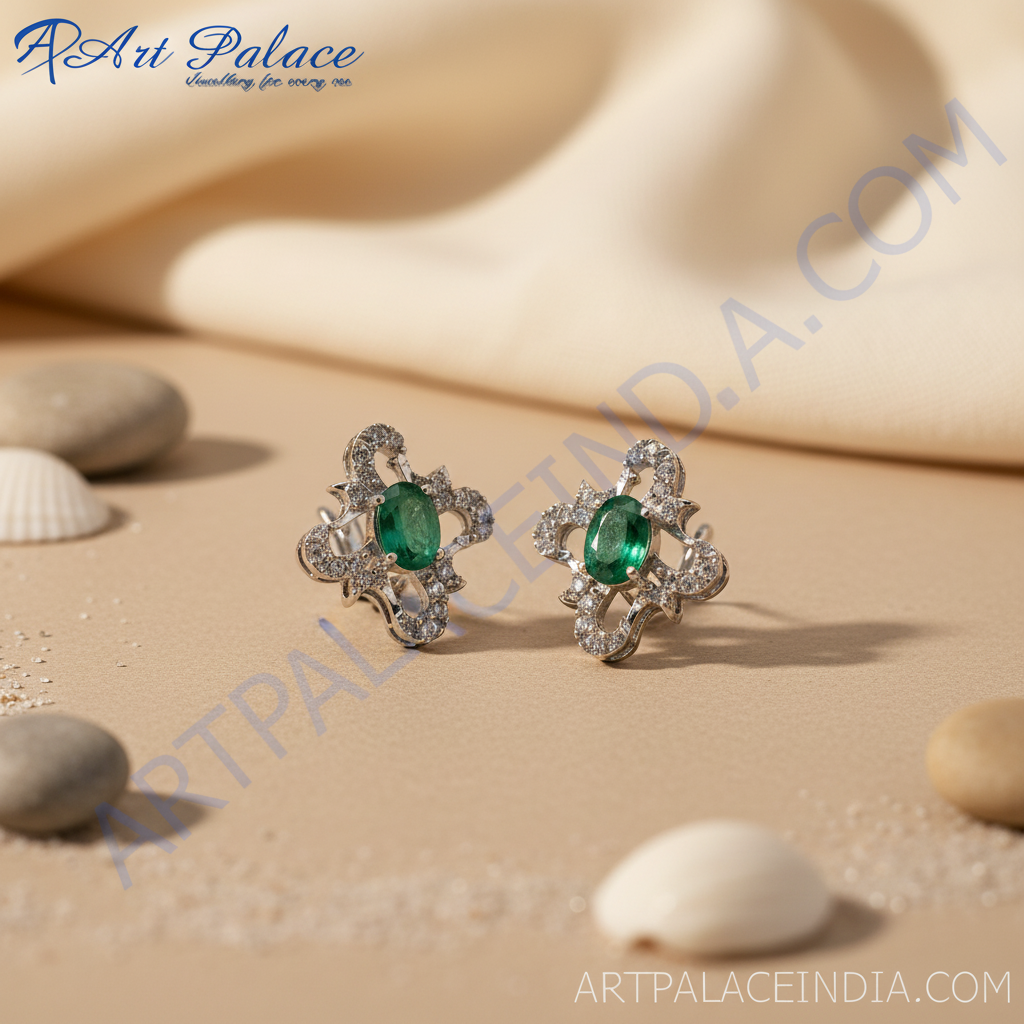 Emerald Stud Earrings in Silver | Gemstone Jewelry for Women