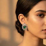 Load image into Gallery viewer, Emerald and Diamond Stud Earrings | Silver Floral Design for Women

