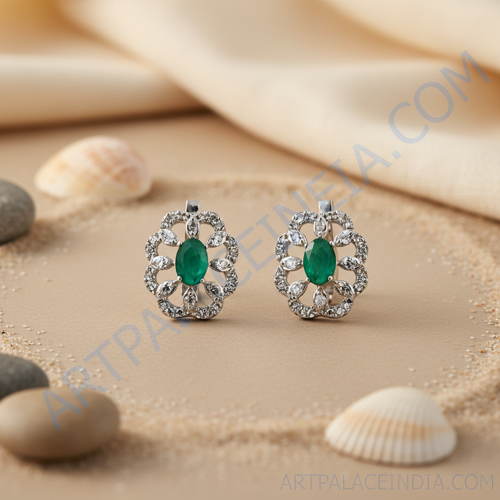 Emerald and Diamond Stud Earrings | Silver Floral Design for Women