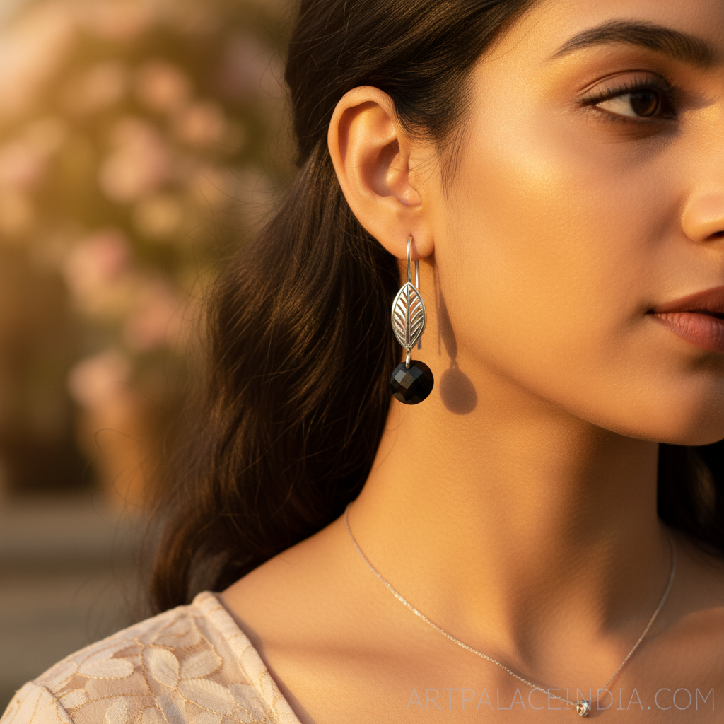 925 Silver Leaf Black Onyx Drop Earrings for Women