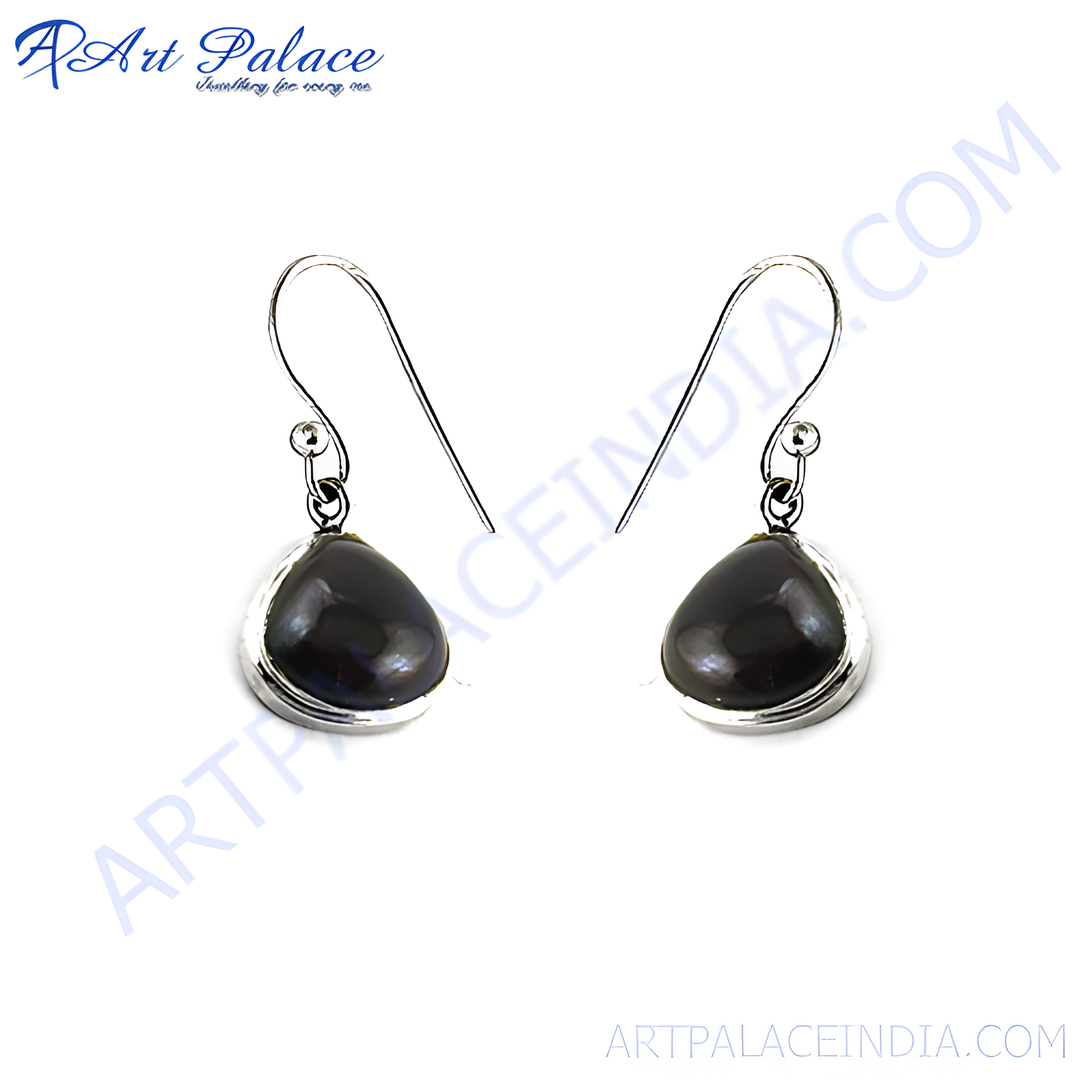 Sterling silver dangle earrings with black teardrop pearls and hook closure.