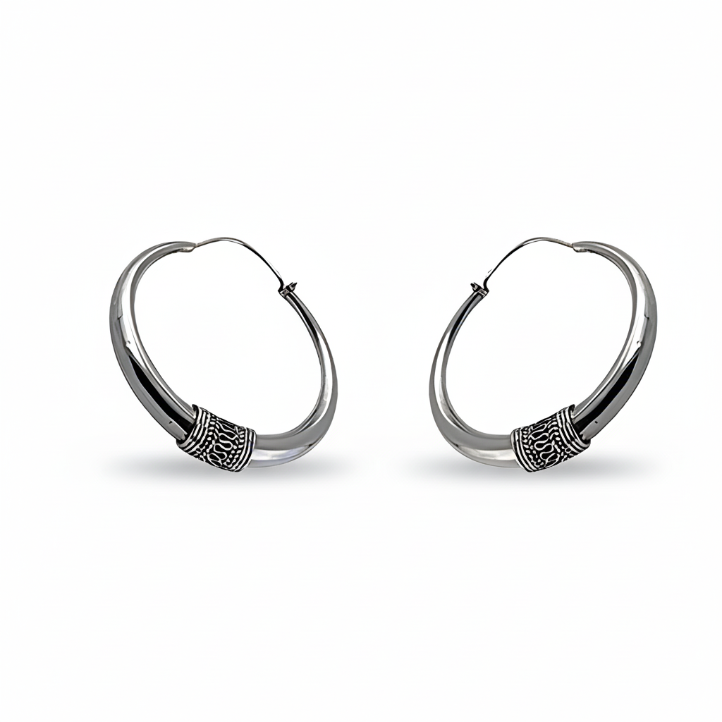 Silver Hoop Earrings for Women | Oxidized Tribal Design