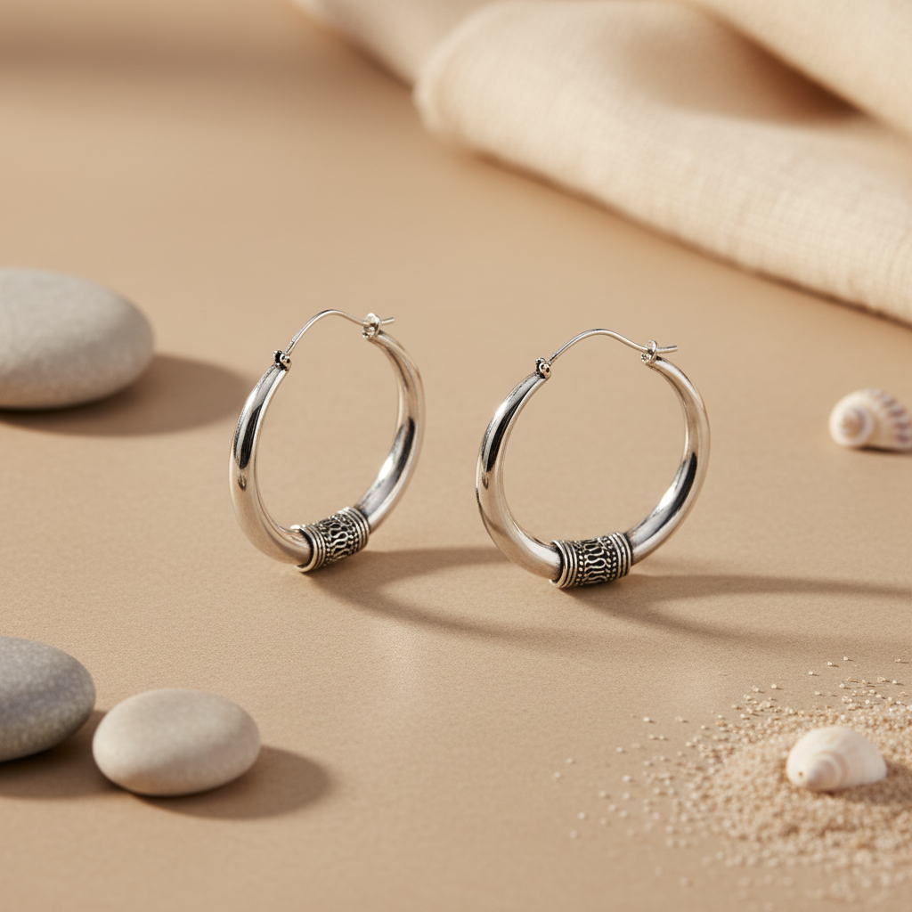 Silver Hoop Earrings for Women | Oxidized Tribal Design