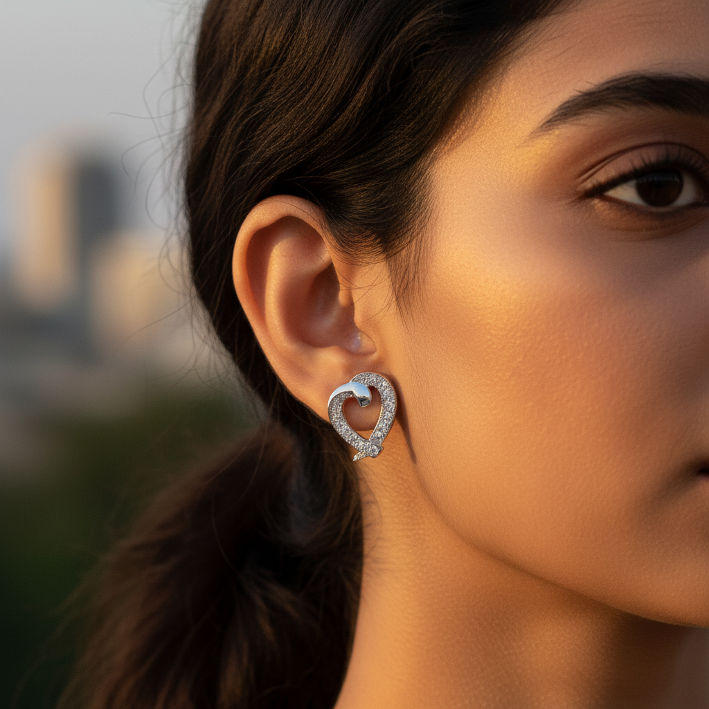 925 Silver Heart Stud Earrings with Crystals | Gift for Her