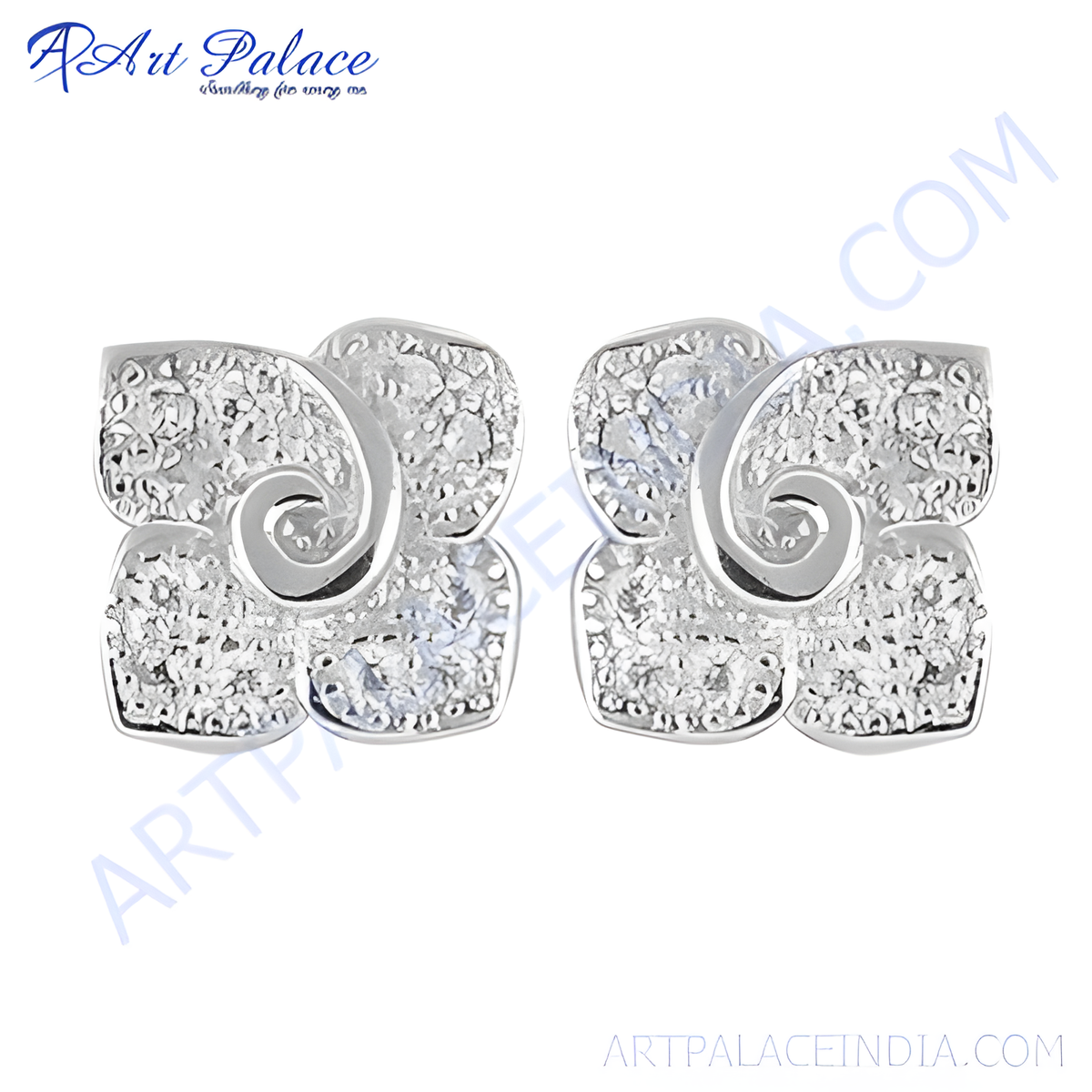 Silver stud earrings with clear cubic zirconia stones in a unique floral design