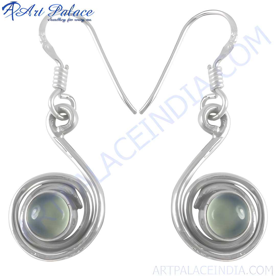 925 sterling silver dangle earrings with a swirl design and a green gemstone center for women.