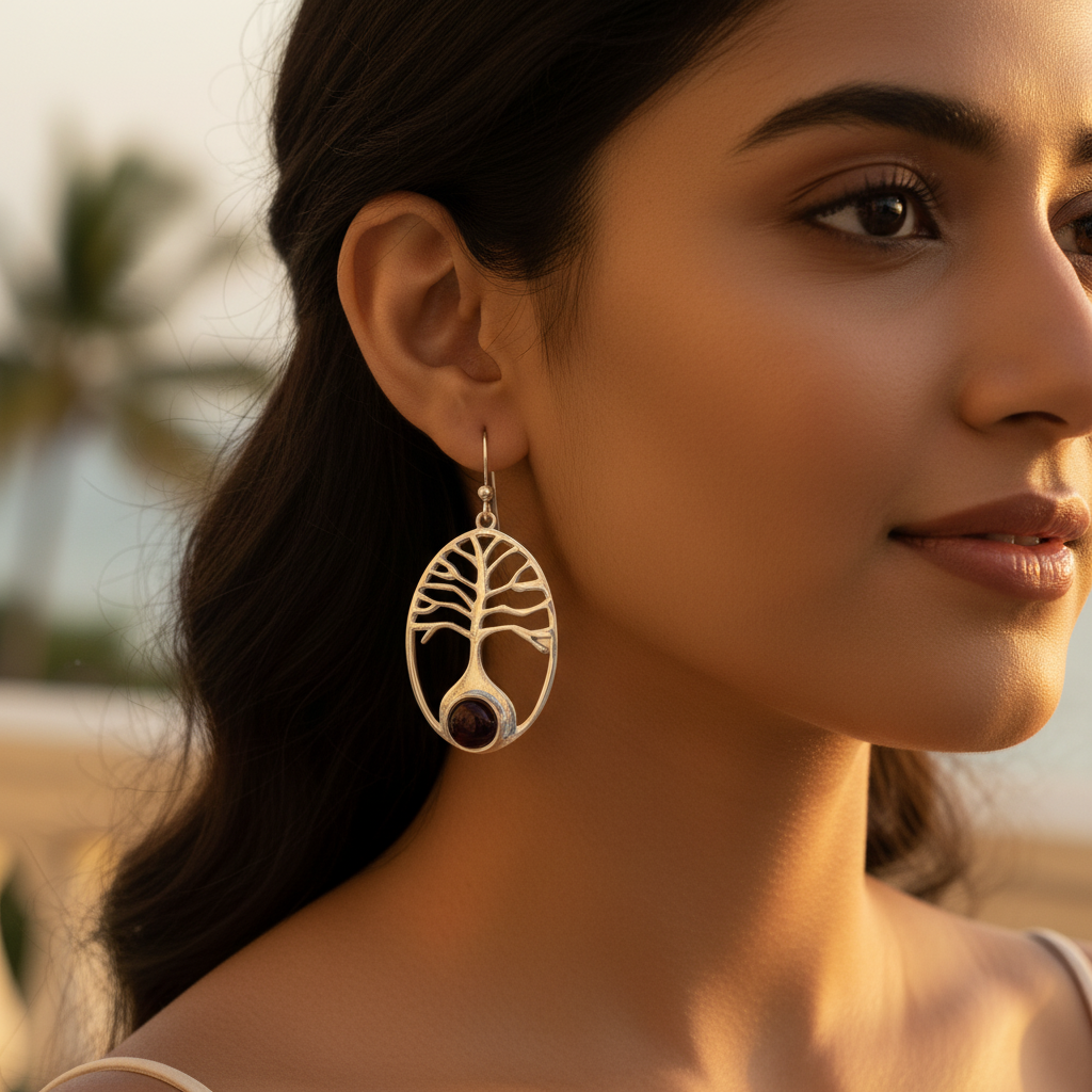 925纯银生命之树耳环，镶嵌石榴石 | 女士珠宝