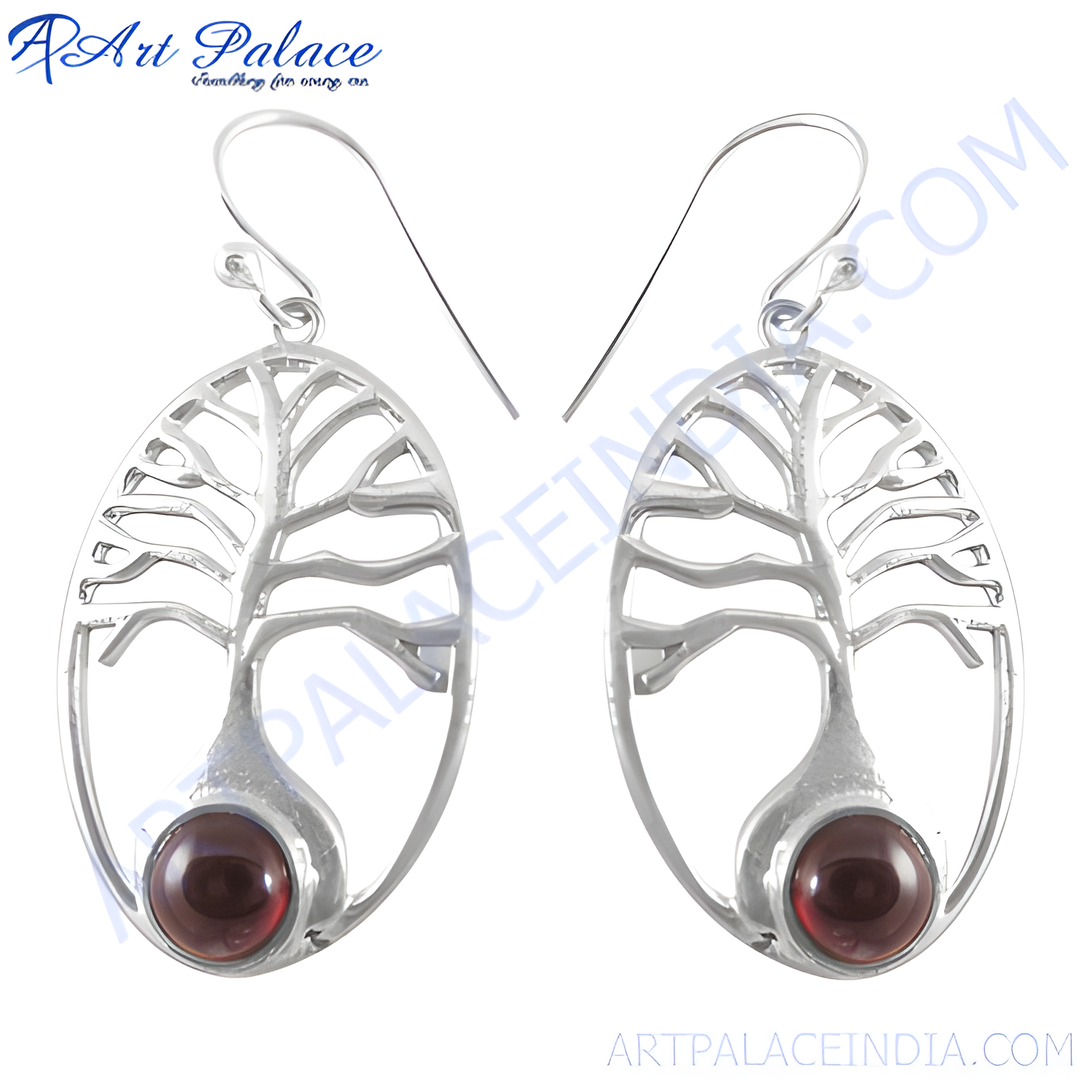 925 sterling silver dangle earrings featuring a tree of life design with a round garnet gemstone center.