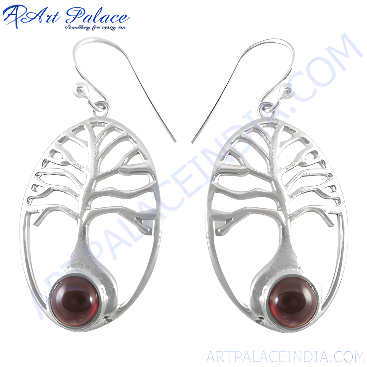 925 sterling silver dangle earrings featuring a tree of life design with a round garnet gemstone center