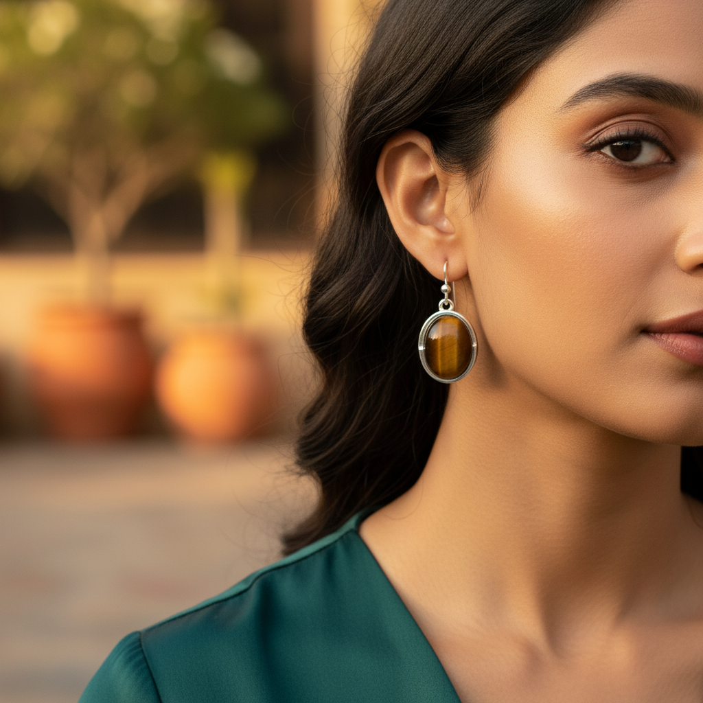 925纯银虎眼石耳环（女士款）| 宝石首饰