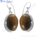 将图像加载到图库查看器中， 925 sterling silver dangle earrings featuring oval-shaped tiger eye gemstones.
