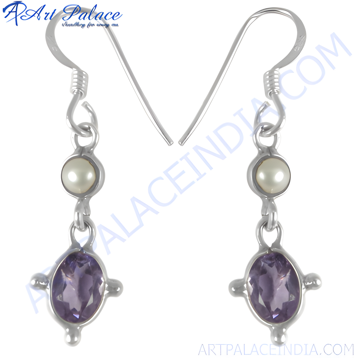 925 sterling silver drop earrings featuring amethyst gemstone and pearl accents