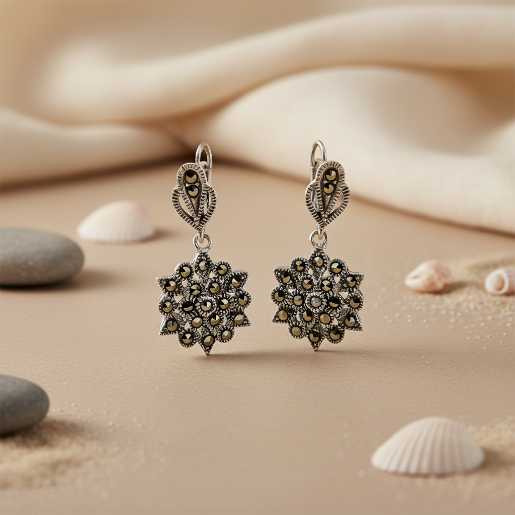 925 Silver Marcasite Earrings | Vintage Floral Design for Women
