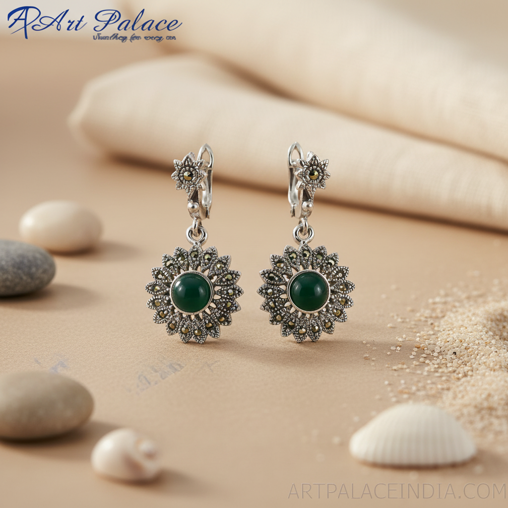 925 Sterling Silver Green Stone Earrings for Women | Floral Design