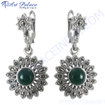 Load image into Gallery viewer, Sterling silver dangle earrings with a green gemstone center and marcasite accents. Floral design.
