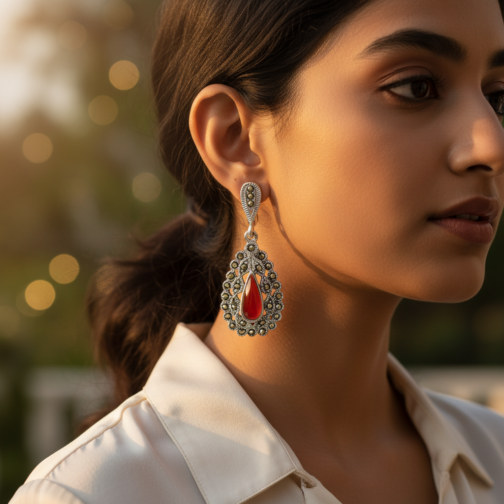 925 Silver Marcasite & Red Coral Teardrop Earrings for Women
