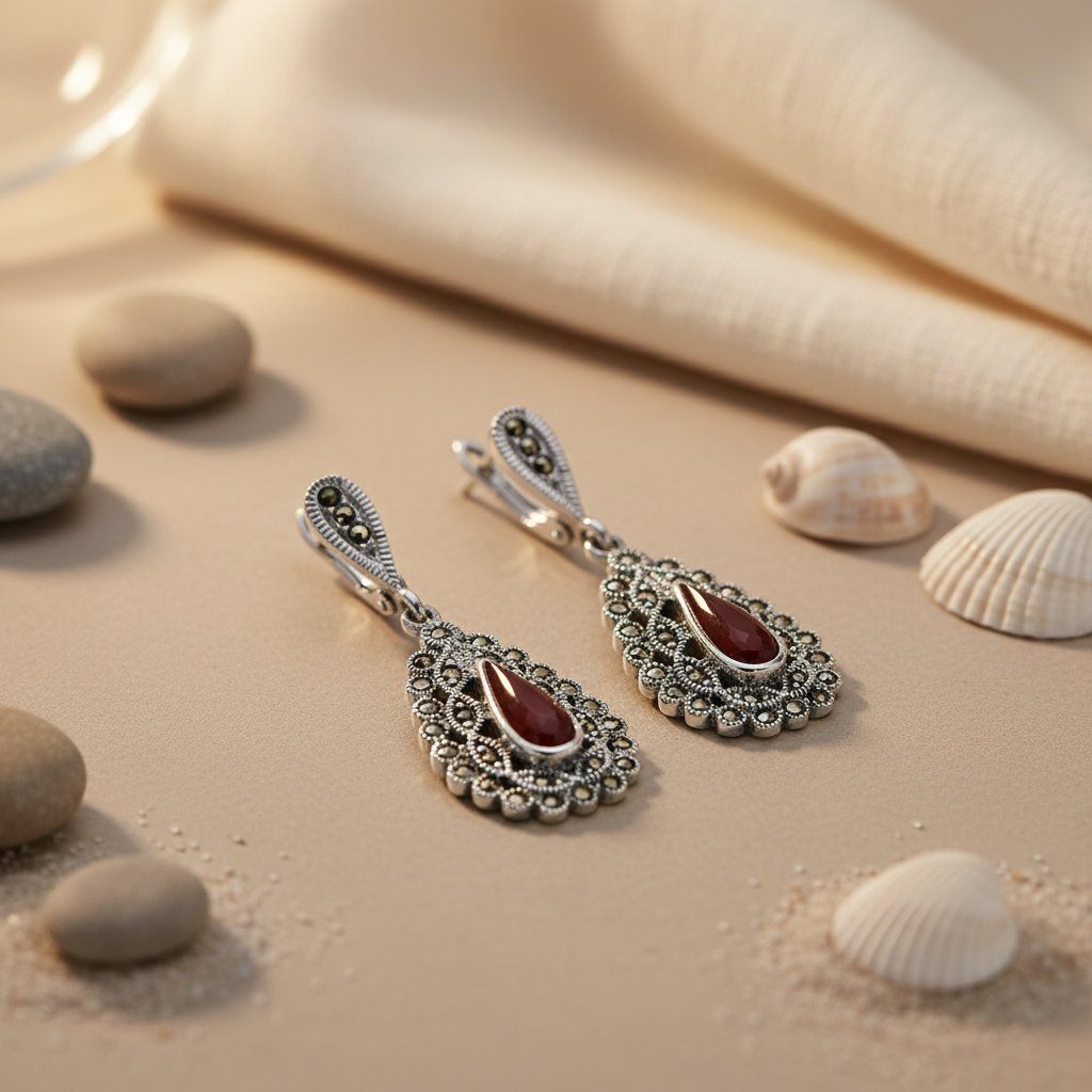 925 Silver Marcasite & Red Coral Teardrop Earrings for Women