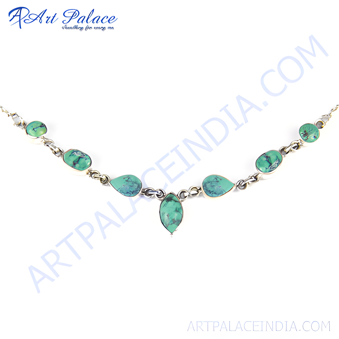 Sterling silver necklace with turquoise gemstones, teal and green color, a classic and elegant jewelry piece