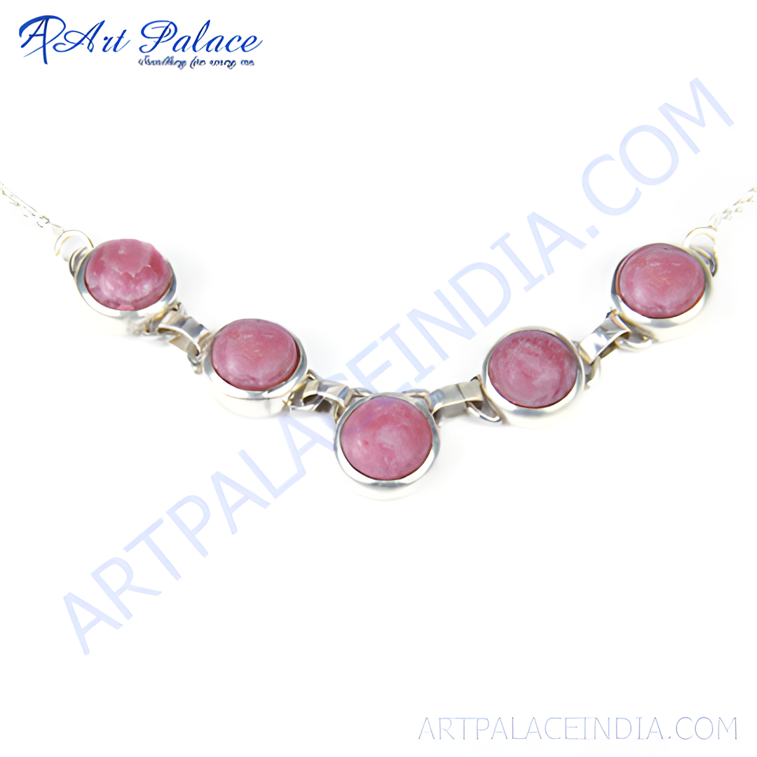 Sterling silver necklace featuring five round pink rhodonite gemstones for women.