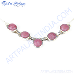 将图像加载到图库查看器中， Sterling silver necklace featuring five round pink rhodonite gemstones for women.

