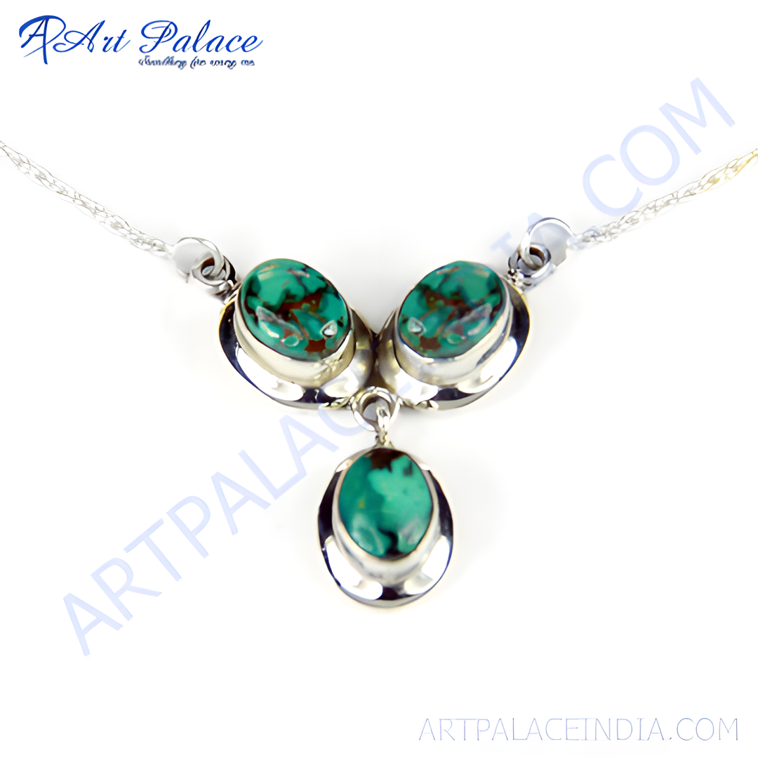 925 sterling silver turquoise necklace featuring three oval-shaped green and brown gemstones.