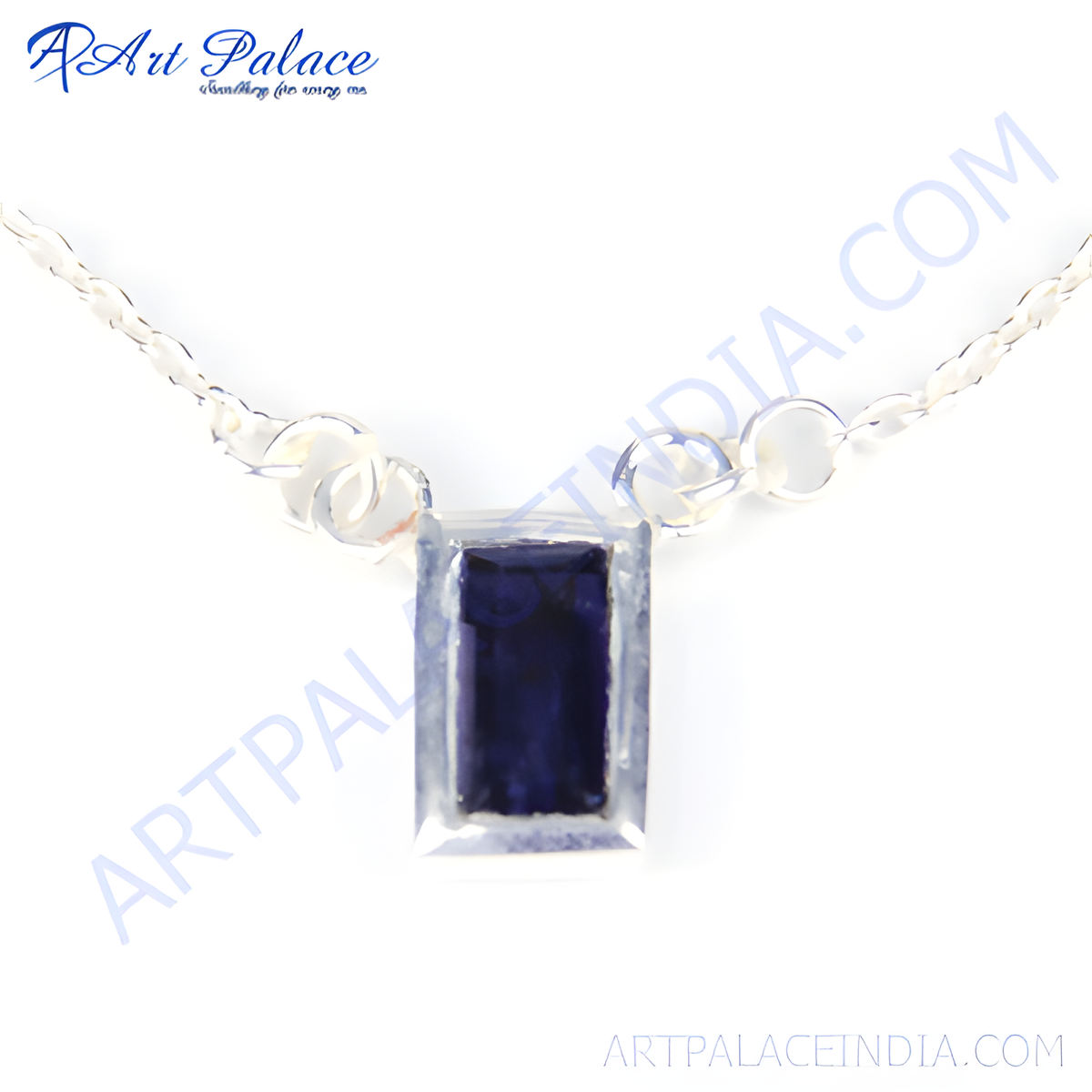 925 sterling silver pendant necklace with a rectangular blue gemstone