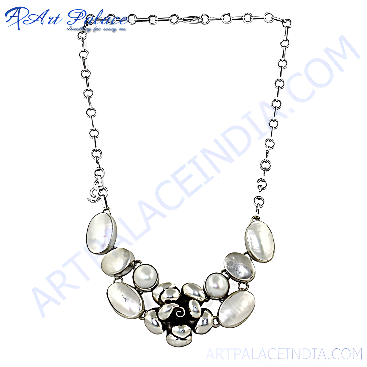 Sterling silver necklace with oval and round mother of pearl gemstones, suitable for women