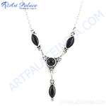 Load image into Gallery viewer, Sterling silver Y necklace featuring black onyx gemstones, a classic and elegant design.
