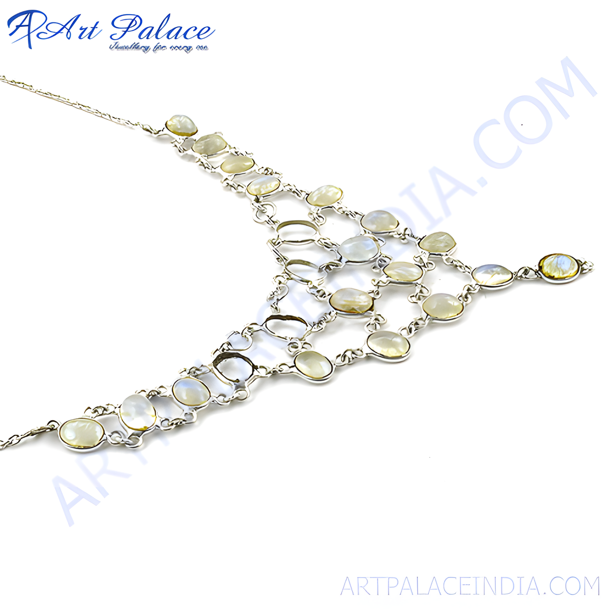Sterling silver necklace with multiple mother of pearl stones, a beautiful piece of fashion jewelry