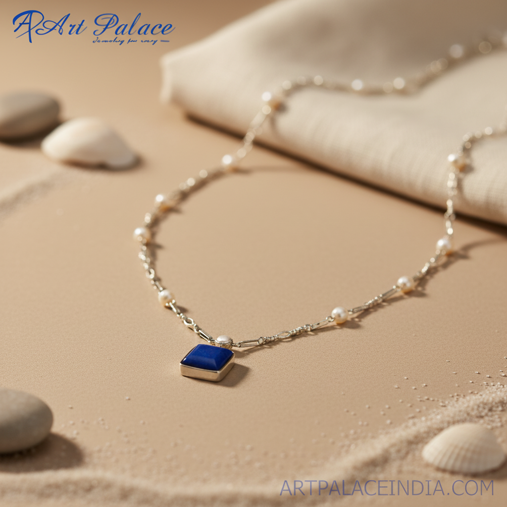 Silver lapis lazuli necklace with pearls for women | elegant jewelry