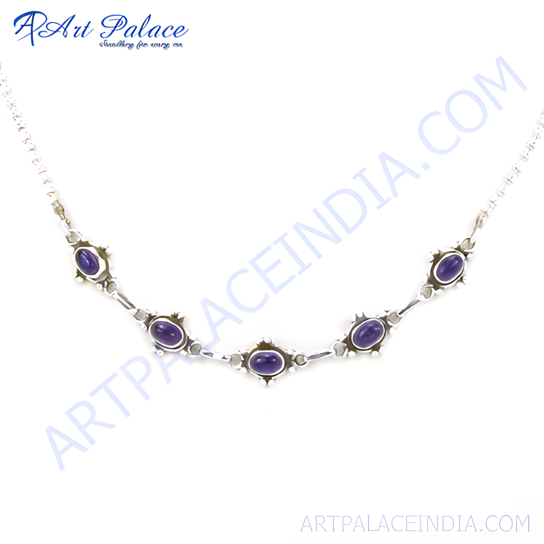 925 sterling silver necklace with oval amethyst gemstones, a purple stone design for women.