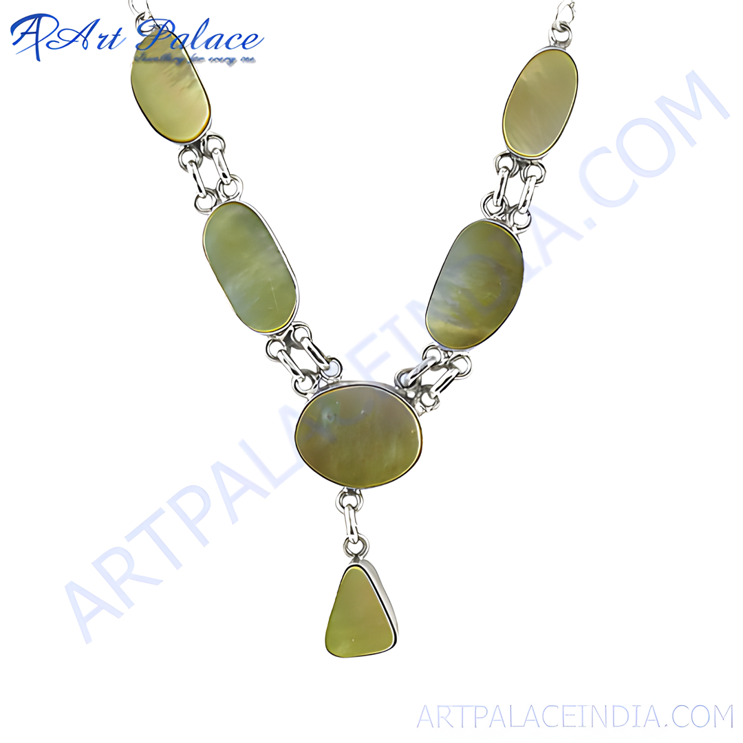 925 silver mother of pearl pendant necklace, showcasing light green oval and tear-drop shaped gemstones.
