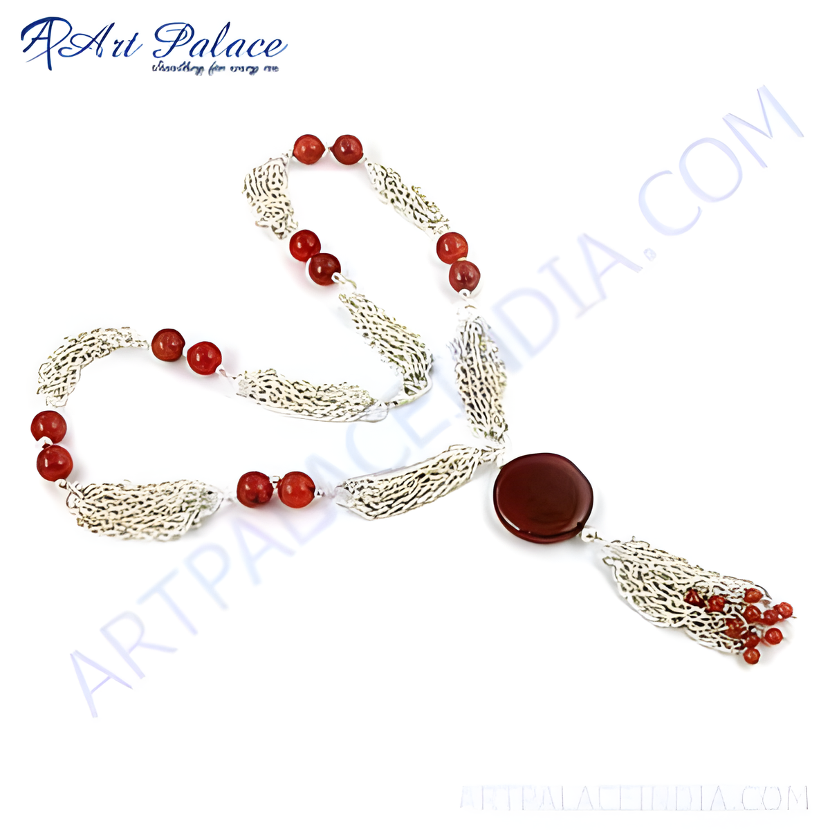 Silver beaded necklace with red agate beads and a large pendant, featuring silver chain detailing