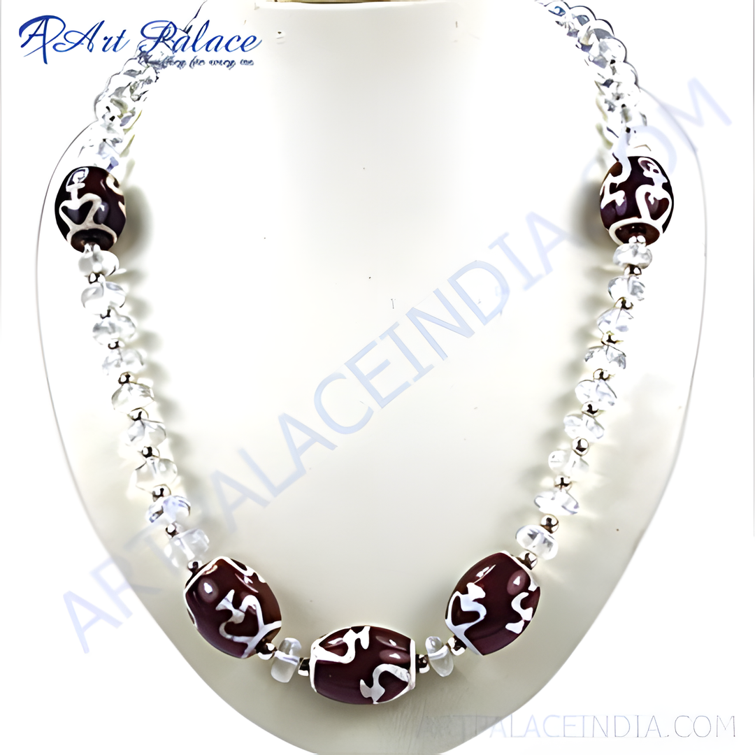 A stunning beaded necklace featuring natural stone beads and an elegant design.