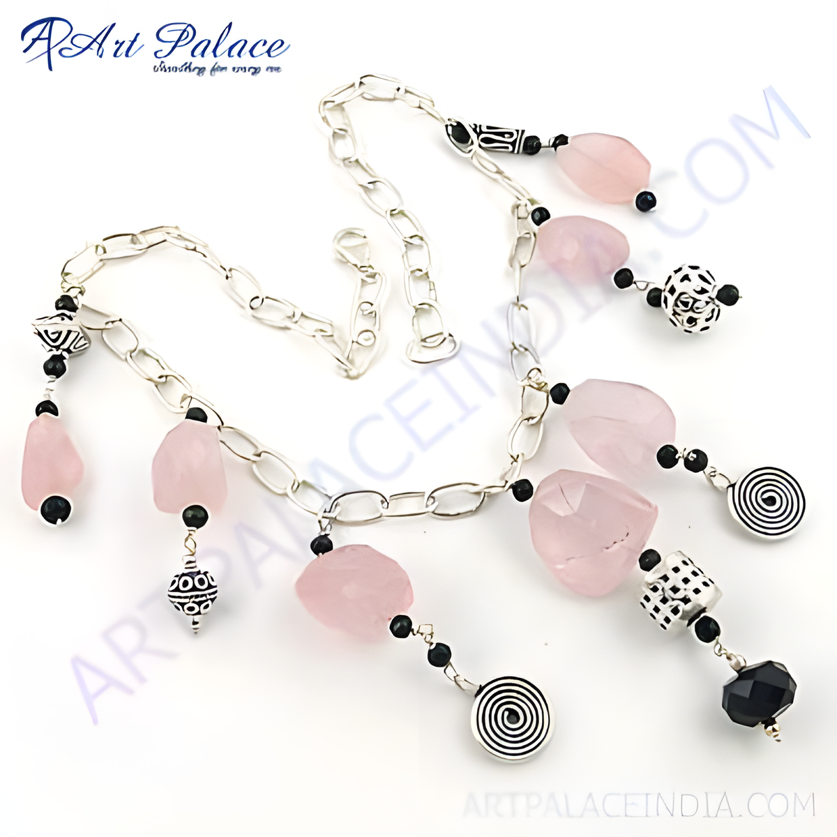 Sterling silver chain necklace with rose quartz and black gemstone beads, perfect for women