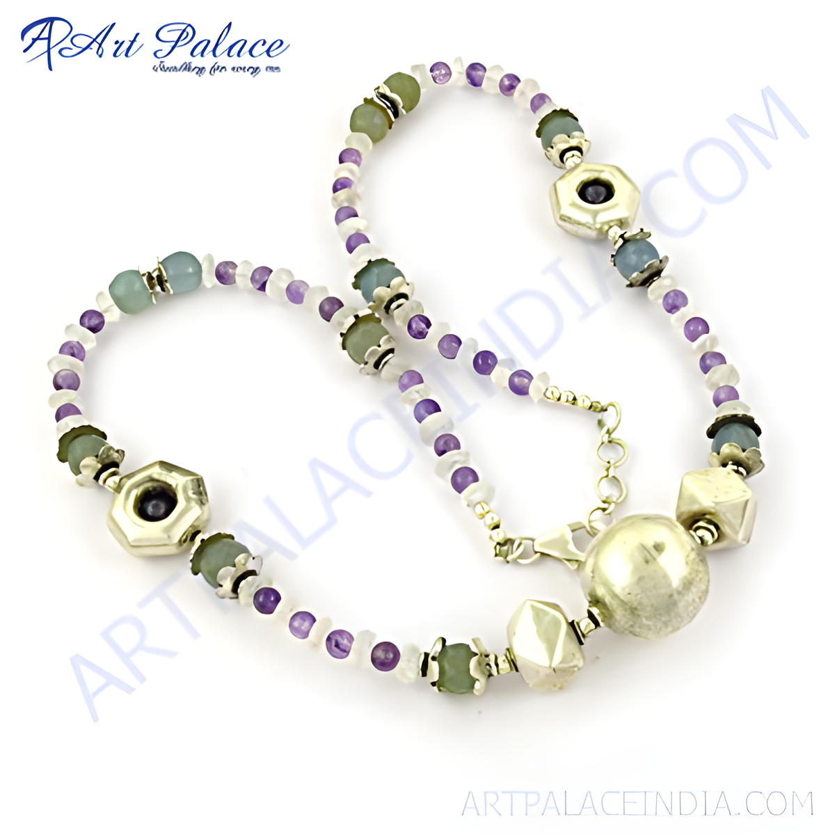 Silver beaded gemstone necklace with amethyst and green beads, a beautiful piece for any outfit