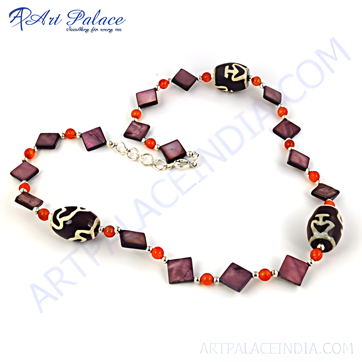 A close up shot of a beaded necklace with various stone beads