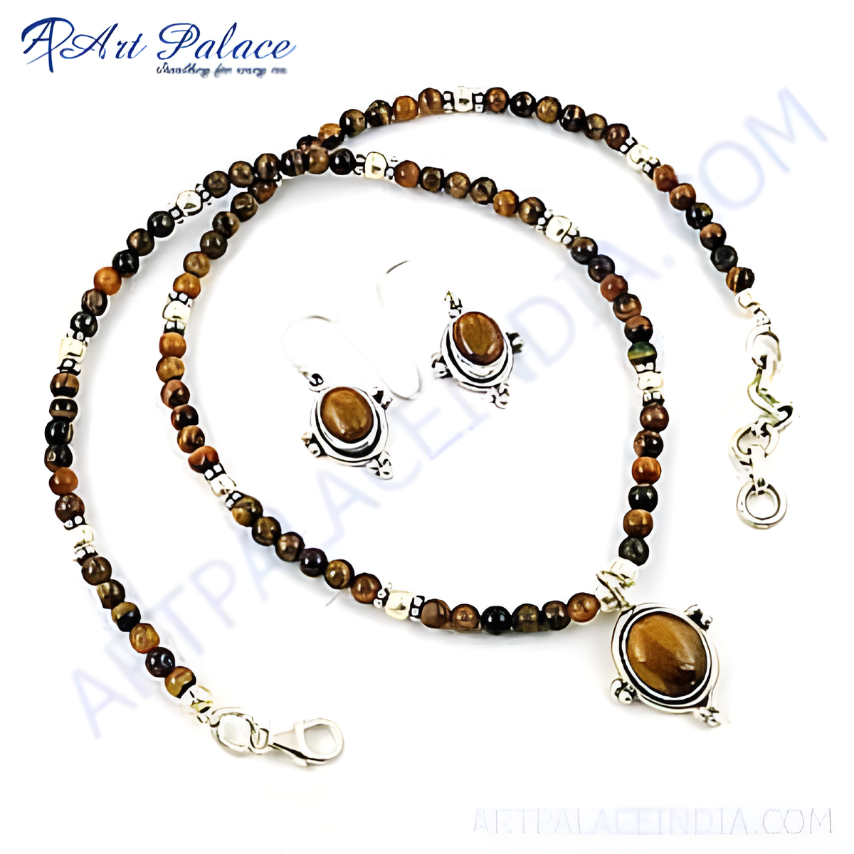 925 sterling silver tiger eye beaded necklace and earrings set, brown gemstone jewelry