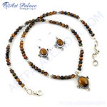 Load image into Gallery viewer, 925 sterling silver tiger eye beaded necklace and earrings set, brown gemstone jewelry
