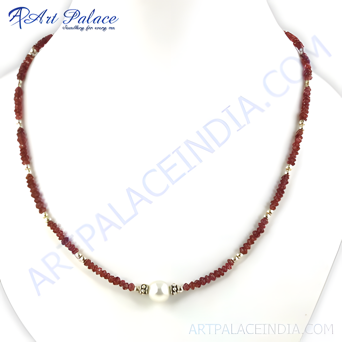 Red garnet and pearl beaded necklace on white background, gemstone jewelry for women