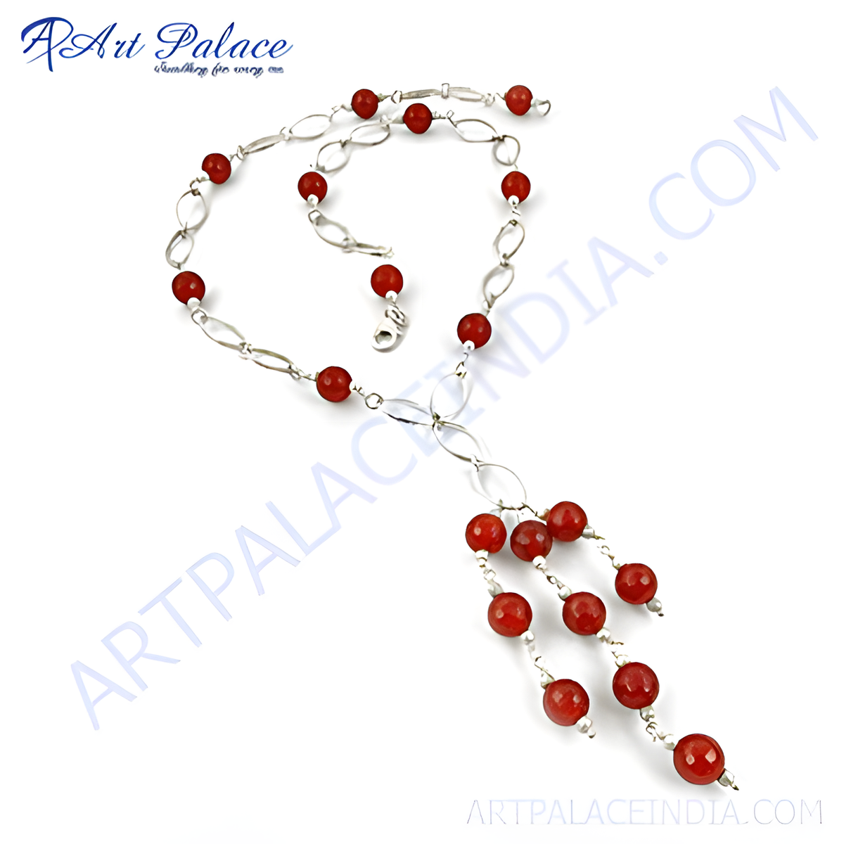 Sterling silver beaded necklace featuring vibrant red gemstones, perfect for women's fashion jewelry