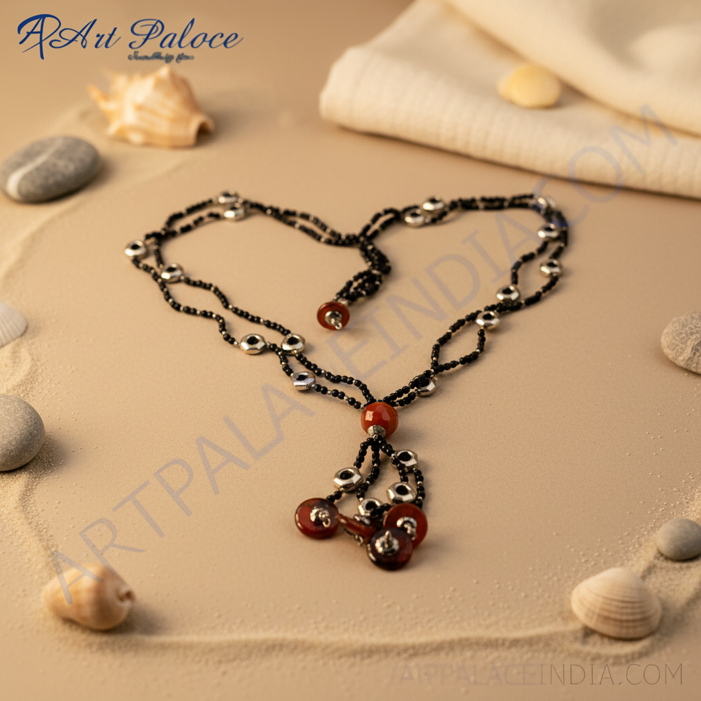 Black Beaded Necklace with Red Gemstones | Women's Fashion Jewelry