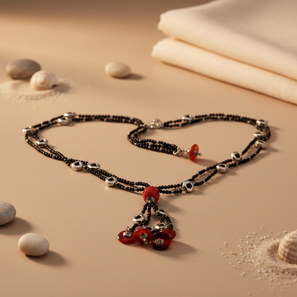 Black Beaded Necklace with Red Gemstones | Women's Fashion Jewelry