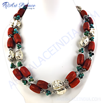 Load image into Gallery viewer, Coral and turquoise bead necklace with silver accents on a white display. Beautiful gemstone necklace.
