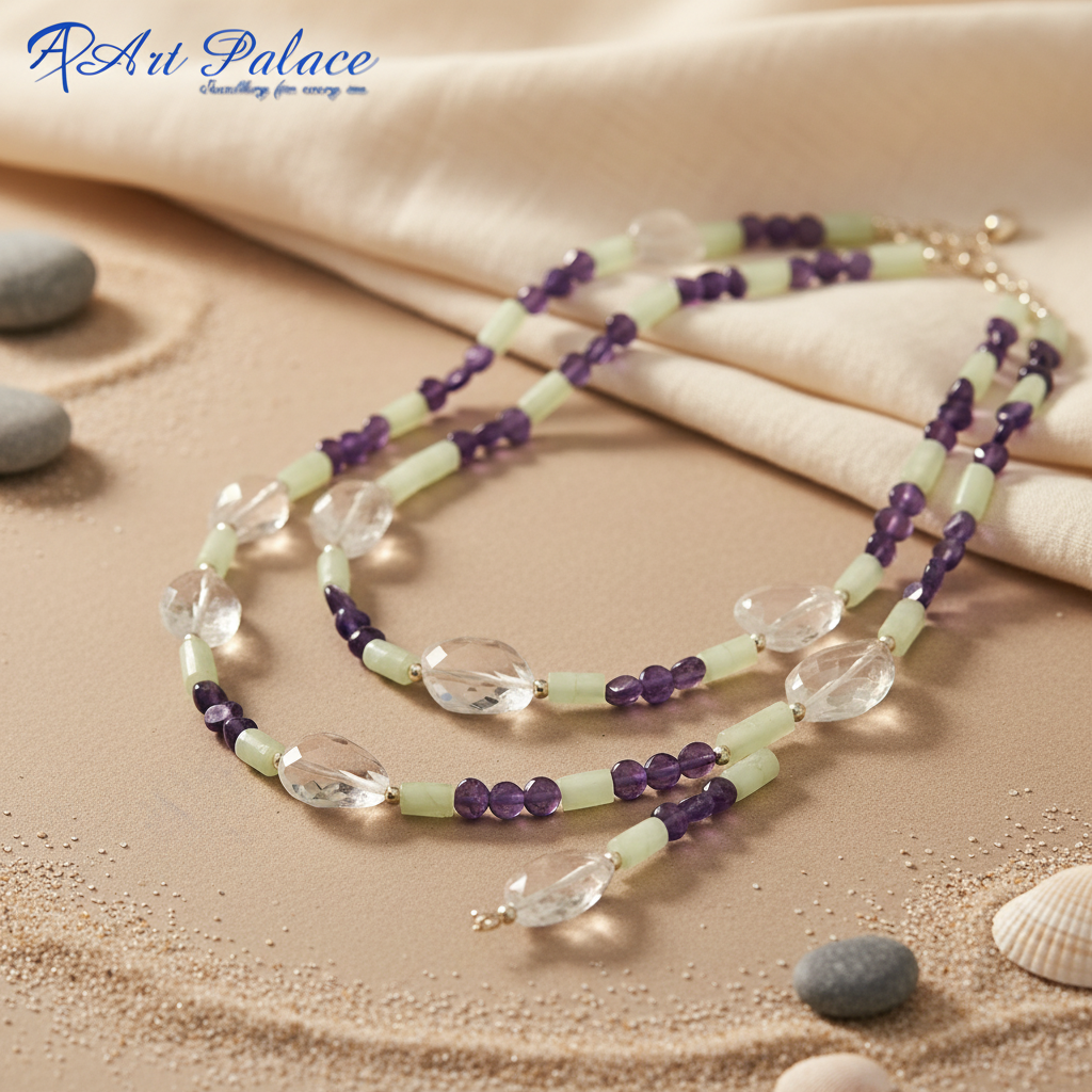 Multi strand gemstone necklace for women | amethyst & quartz