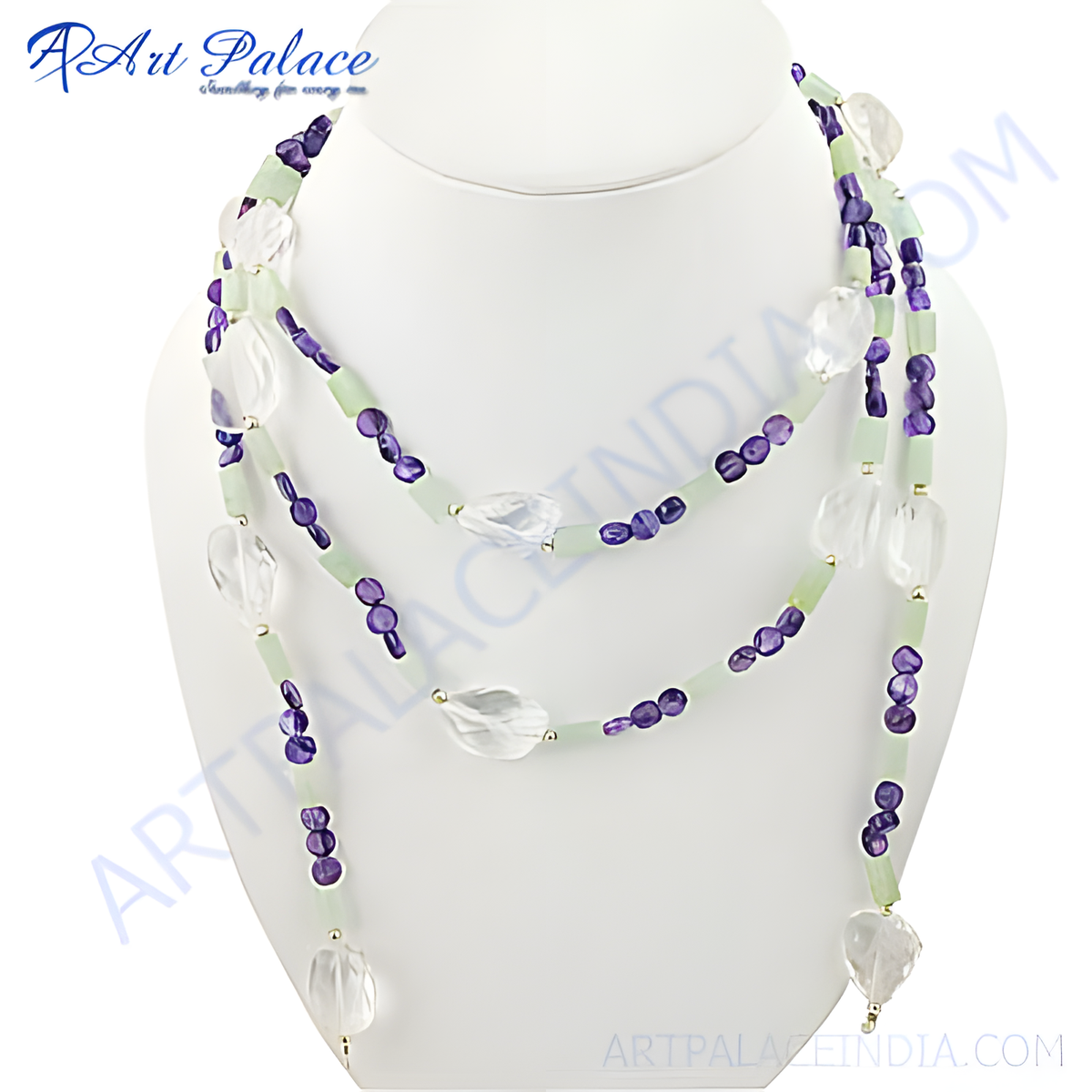Multi strand necklace featuring amethyst and clear quartz gemstones on a white bust